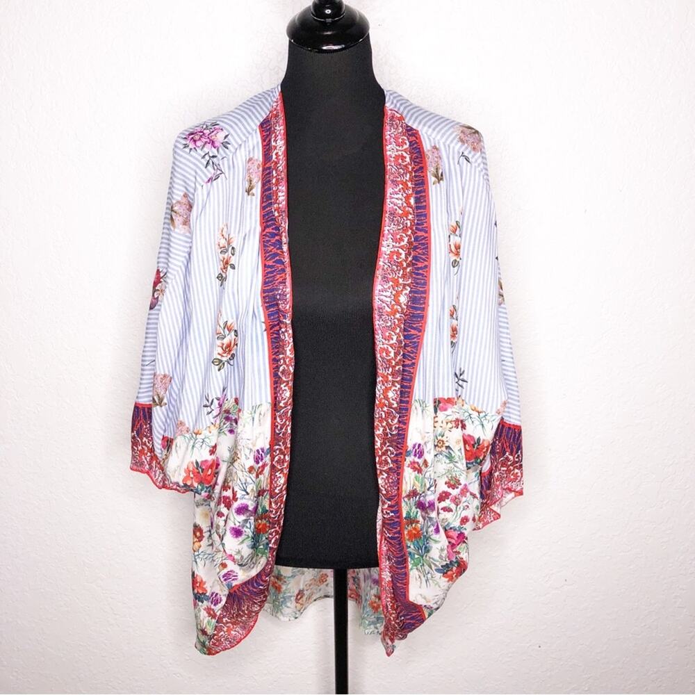 Feathers by Tolani blue white red striped floral open front jacket One Size OSFA